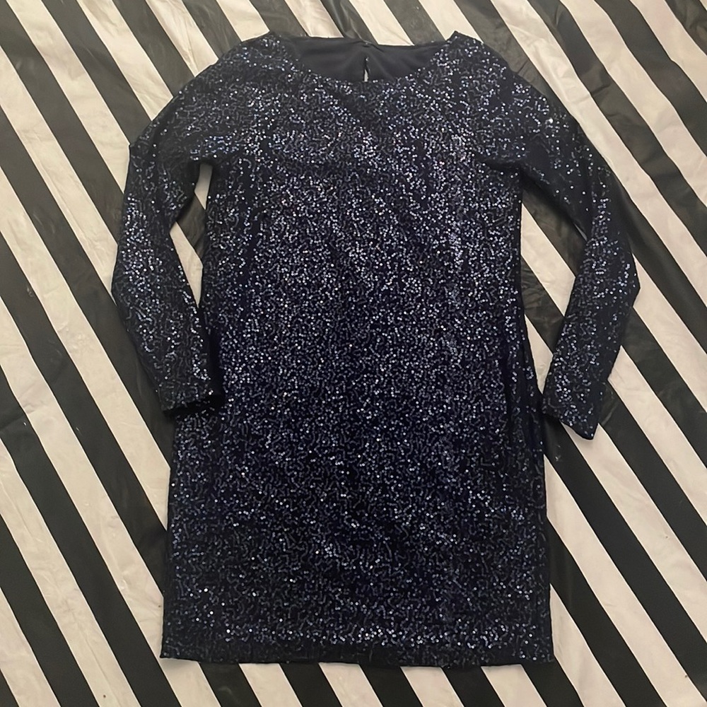 Tibi Sz S Navy Long Sleeve Sequin Dress with Open Back